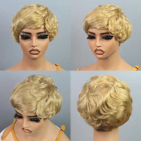 Image of Brown Short Pixie Cut Wig Human Hair For Black Women Machine Made Wigs With Bangs Colored Brazilian Wig Human Hair Wigs-FrenzyAfricanFashion.com