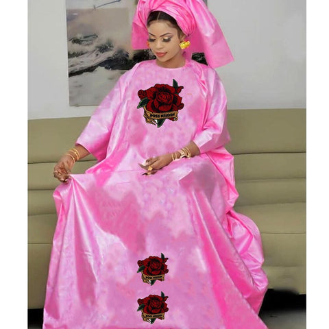 Image of Bazin Dresses With Headscarf Women African Traditional Evening Gowns-FrenzyAfricanFashion.com