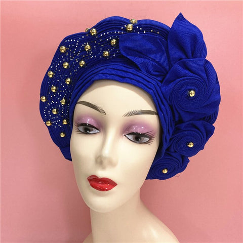 Image of African headtie nigerian gele headties with beads and stones women head wrap sewing fabric for party 1set-FrenzyAfricanFashion.com