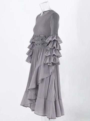 Image of Fashion Pleated Dress O-Neck Long Sleeved Solid Color-FrenzyAfricanFashion.com