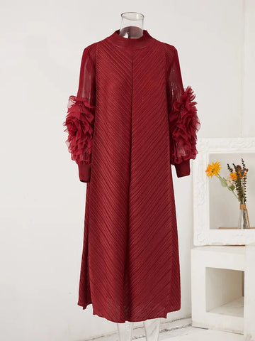 Image of Maxi Pleated Dress Round Neck Spliced Full Sleeve Dresses For Women-FrenzyAfricanFashion.com