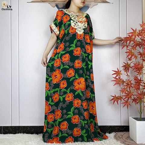 Image of Abaya Cotton Floral Printing Loose Maxi Casual Dress-FrenzyAfricanFashion.com