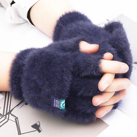 Image of Fashion Women Plush Warm Glove Fur Rabbit Cat Mittens Flip Fingerless Gloves Soft Girls Thick Gloves Flexible Half Finger Winter-FrenzyAfricanFashion.com