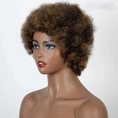 Image of Afro Kinky Curly Highlight Wig Human Hair Ombre Brown-FrenzyAfricanFashion.com