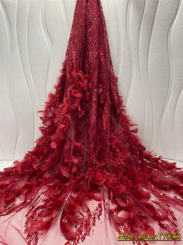 Image of Feather Fluffy Lace Fabric Luxury Pearl Fabric French For Wedding Bride Party-FrenzyAfricanFashion.com