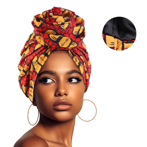 Image of Woman African Satin Lined Turban Cap Big Flower Hat Floral Printed Headwrap Bonnet Muslim Headscarf Ladies Beanies-FrenzyAfricanFashion.com
