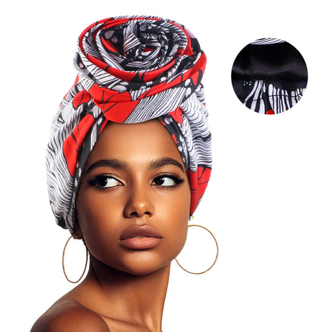 Image of Woman African Satin Lined Turban Cap Big Flower Hat Floral Printed Headwrap Bonnet Muslim Headscarf Ladies Beanies-FrenzyAfricanFashion.com