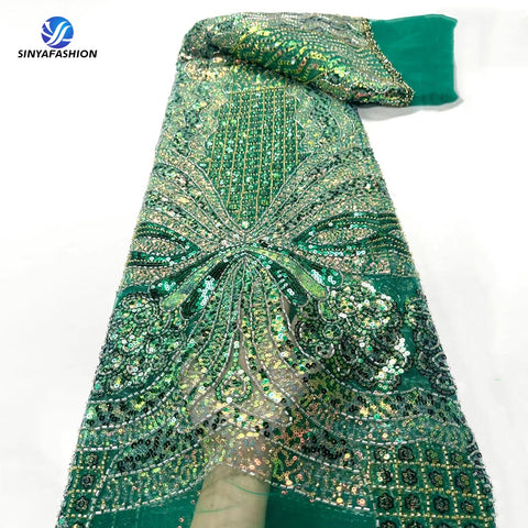 Image of High Quality African Nigerian French Tulle Fully Sequins Luxury Heavy Handmade Beaded Lace Fabric For DIY Wedding Dress-FrenzyAfricanFashion.com