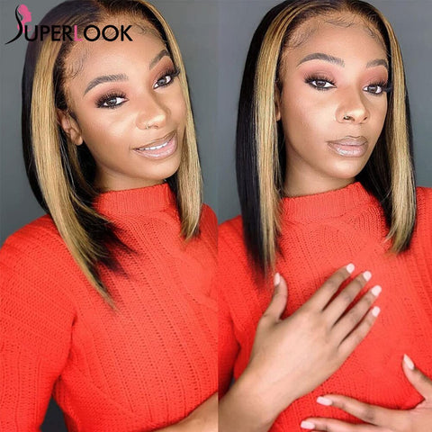 Image of Highlight T-Part Lace Bob Wig, Pre-Plucked Peruvian Remy Straight Human Hair-FrenzyAfricanFashion.com