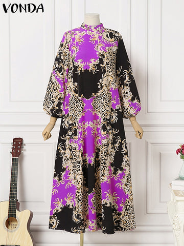 Image of Summer Maxi Dress Women Floral Printed Party Dresses Lantern Sleeve Sundress Bohemian-FrenzyAfricanFashion.com