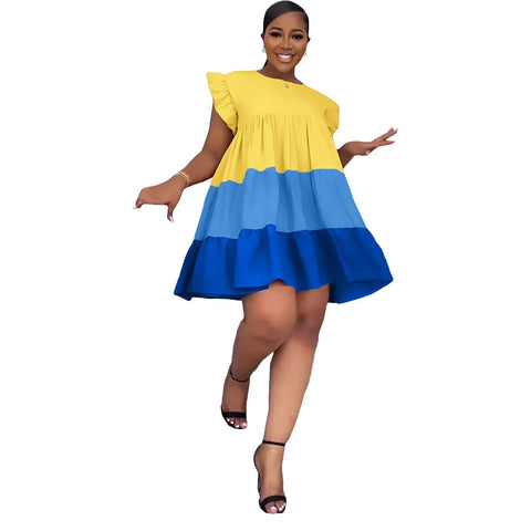 Image of plus size Round Neck Ruffled Sleeve Contrast Panel Swing Loose Women's Dress-FrenzyAfricanFashion.com