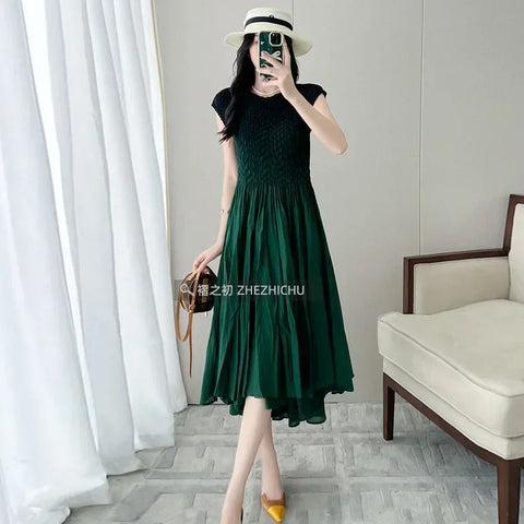 Image of Pleated Dress Spring and Summer Women's Design New Fashion Embroidered Round Neck Sleeveless Waist Waist Skirt-FrenzyAfricanFashion.com