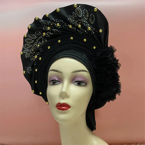 Image of African Nigerian gel headgear with stone bead already made auto turban afro aso ebi gel aso oke wide br im headgear 9L032801-FrenzyAfricanFashion.com