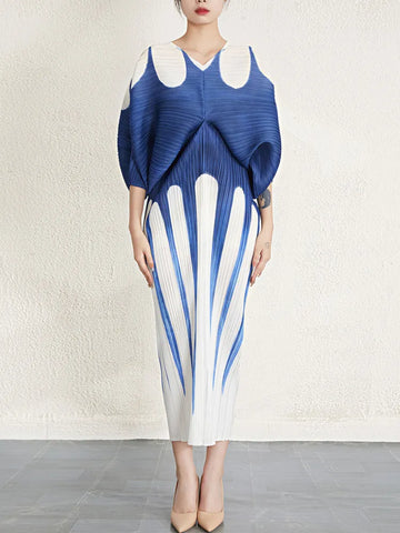 Image of Color Block Printing Pleated Dress Batwing Sleeves Dresses-FrenzyAfricanFashion.com