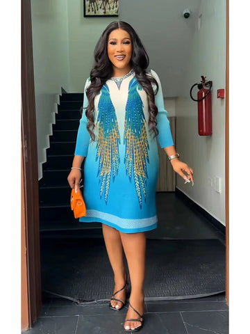 Image of Pleated Miyake Dress Fashion Round Neck Printed Long Sleeve Loose Knee-Length Dresses-FrenzyAfricanFashion.com