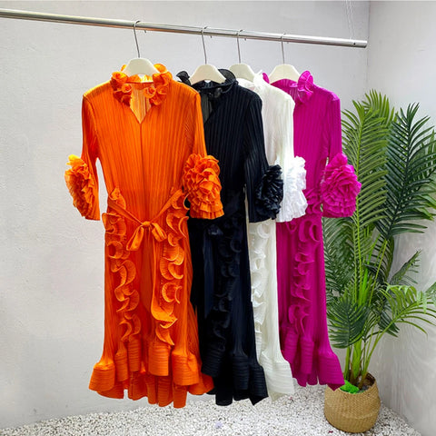 Image of Pleated Fungus Edge Long Dress Summer Fashion Women's Clothing Elegant Medium Long Dress-FrenzyAfricanFashion.com
