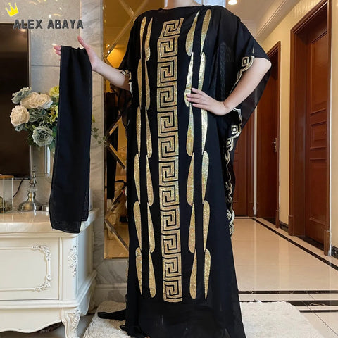Image of Women Abaya African Embroidery Flower Dress With Scarf-FrenzyAfricanFashion.com