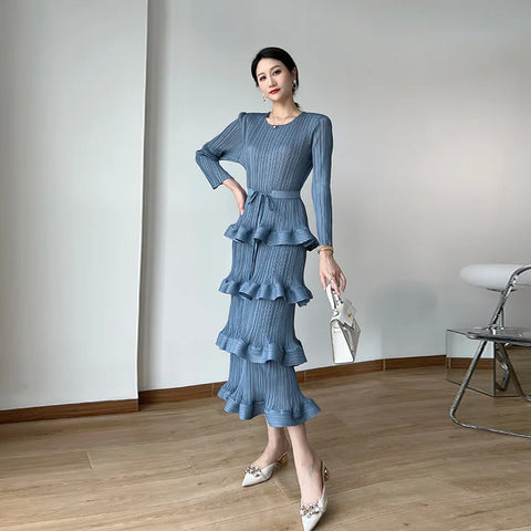 Image of Pleat Dresses Autumn Mid-length Women's Black Dress-FrenzyAfricanFashion.com