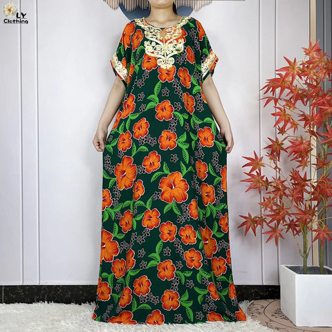 Image of Abaya Cotton Floral Printing Loose Maxi Casual Dress-FrenzyAfricanFashion.com