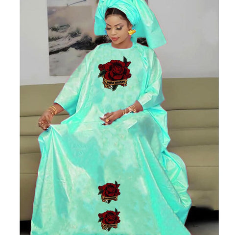 Image of Bazin Dresses With Headscarf Women African Traditional Evening Gowns-FrenzyAfricanFashion.com