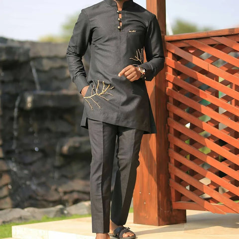 Image of African Men's Printed Top And Trousers Suit Wedding Dress Casual Slim Suit-FrenzyAfricanFashion.com