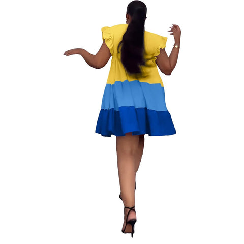 Image of plus size Round Neck Ruffled Sleeve Contrast Panel Swing Loose Women's Dress-FrenzyAfricanFashion.com