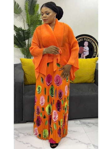 Image of Elegant Party 2 Piece Set Women Belt Batwing Sleeves Tops A-line Print Folds Long Skirt-FrenzyAfricanFashion.com