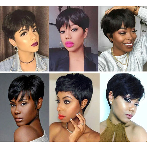Image of Cheap Human Hair Wigs Short Bob Pixie Cut Wig Human Hair For Women perruque cheveux humain Brazilian Hair Colored Wig With Bangs-FrenzyAfricanFashion.com
