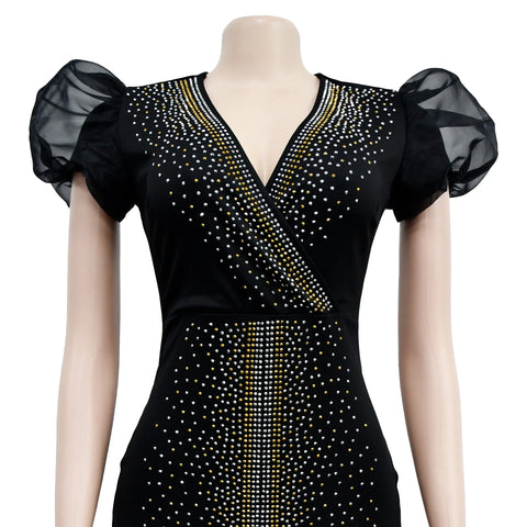 Image of 2023 Women Luxury Diamonds Hot Drill Wrap V-neck Puff Short Sleeve Bodycon Midi Maxi Dress Sexy Night Club Birthday Vestidos-FrenzyAfricanFashion.com