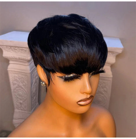 Image of Short Straight Bob Wig Pixie Cut Hair For Black Women With Bangs Brazilian Virgin-FrenzyAfricanFashion.com