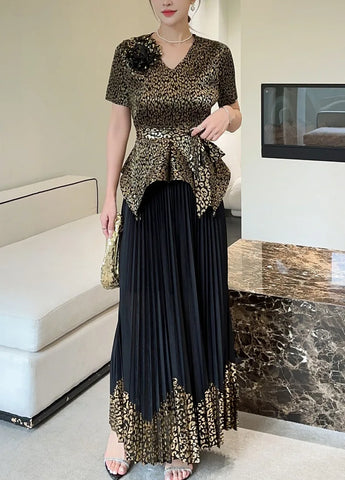 Image of 2025 Spring New Fashion Casual Suit Women's Bronzing Bud V-neck Top High Waist Long Skirt Two-piece Set-FrenzyAfricanFashion.com