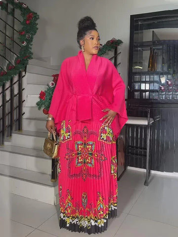 Image of Pleated Fashion 2 Piece Set Women Belt Batwing Sleeves Tops Print A-line Folds Long Dresses-FrenzyAfricanFashion.com