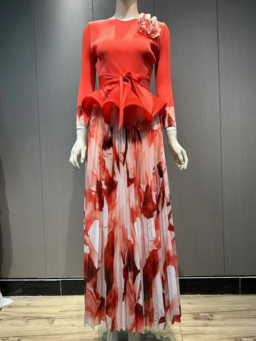 Image of Ruffled Pleated A-line Skirts 2 Pieces Set Women Fashion Ruffle Hem Flower Top-FrenzyAfricanFashion.com