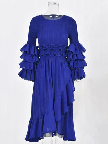 Image of Fashion Pleated Dress O-Neck Long Sleeved Solid Color-FrenzyAfricanFashion.com