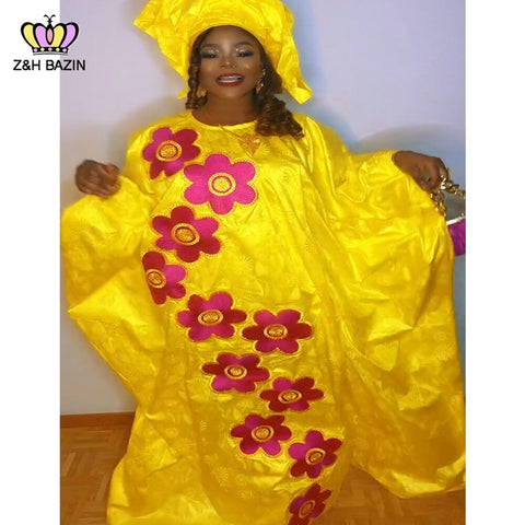 Image of African Dresses For Woman Plus Size Bazin Riche Robe Embroidery With Embroidery Original Basin Floor Long Dresses With Scarf-FrenzyAfricanFashion.com