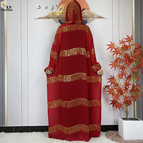 Image of 2024 Muslim Abayas For Women Prayer Garment Ramadan Chiffon Sequin Loose Long Sleeved Boubou Maxi Islam Femme Robe With Hooded-FrenzyAfricanFashion.com