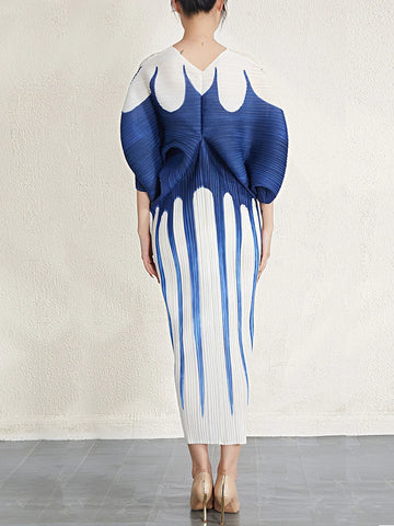 Image of Color Block Printing Pleated Dress Batwing Sleeves Dresses-FrenzyAfricanFashion.com