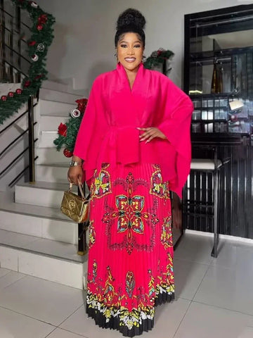 Image of Pleated Fashion 2 Piece Set Women Belt Batwing Sleeves Tops Print A-line Folds Long Dresses-FrenzyAfricanFashion.com