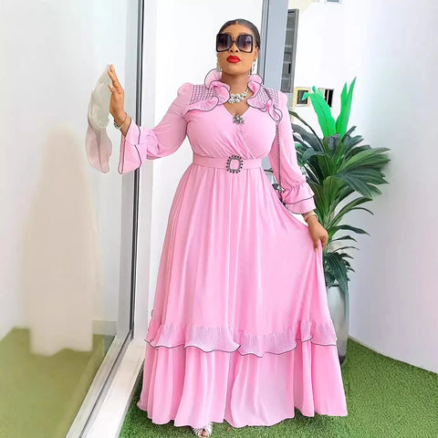 Image of African Party Dresses for Women 2024 Fashion Dashiki Ankara Wedding Gowns Plus Size Elegant Turkey Muslim Chiffon Maxi Dress-FrenzyAfricanFashion.com