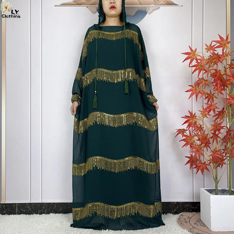 Image of 2024 Muslim Abayas For Women Prayer Garment Ramadan Chiffon Sequin Loose Long Sleeved Boubou Maxi Islam Femme Robe With Hooded-FrenzyAfricanFashion.com