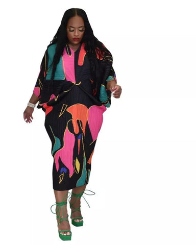 Image of Chiffon Pleated Dress With Bat Wing sleeves-FrenzyAfricanFashion.com