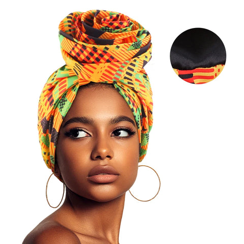 Image of Woman African Satin Lined Turban Cap Big Flower Hat Floral Printed Headwrap Bonnet Muslim Headscarf Ladies Beanies-FrenzyAfricanFashion.com