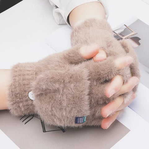 Image of Fashion Women Plush Warm Glove Fur Rabbit Cat Mittens Flip Fingerless Gloves Soft Girls Thick Gloves Flexible Half Finger Winter-FrenzyAfricanFashion.com