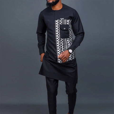 Image of Men's Elegant Long Sleeve Suit Shirt Pants 2-piece Solid Color Party Long Sleeve African Ethnic Style-FrenzyAfricanFashion.com