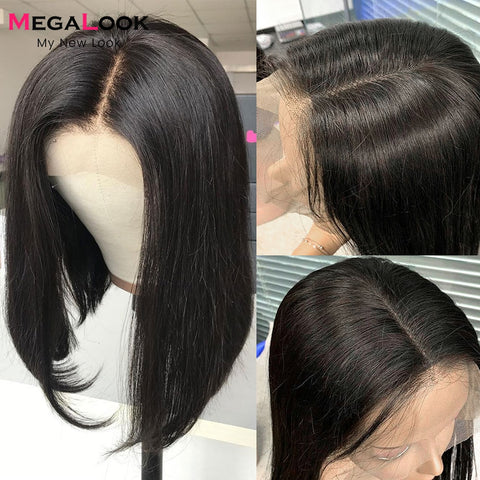 Image of MEGALOOK Short Bob Wig Human Hair Wigs For Women Transparent Lace Wig Pre Plucked Virgin T Part Bob Lace Human Hair Wigs 180%-FrenzyAfricanFashion.com