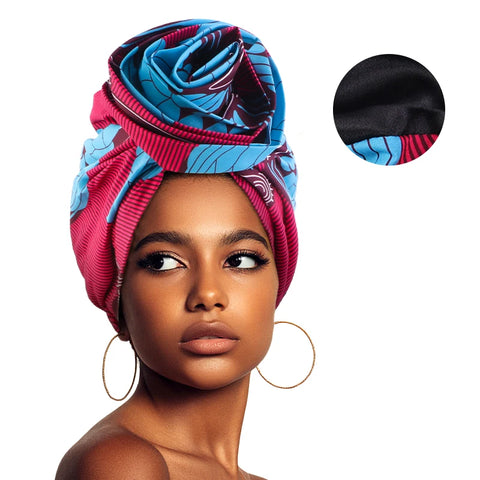 Image of Woman African Satin Lined Turban Cap Big Flower Hat Floral Printed Headwrap Bonnet Muslim Headscarf Ladies Beanies-FrenzyAfricanFashion.com