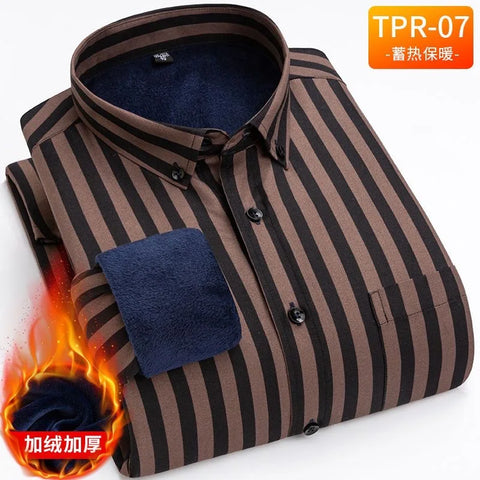 Image of Autumn and Winter Men's Classic Long-Sleeved Shirt Men's Plus Fleece Shirt-FrenzyAfricanFashion.com