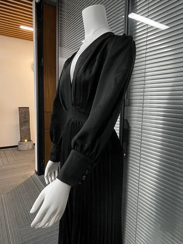 Image of Drauuing Black Ankle Length Dresses Women V Neck Long Sleeve Loose Elegant Office Lady Fold Dresses Women Autumn New-FrenzyAfricanFashion.com