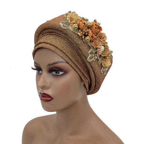 Image of Exquisite Bouquet Headtie Traditional Marriage Wedding Auto Gele Bonnet Head Wraps-FrenzyAfricanFashion.com