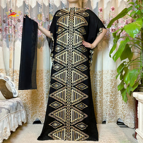 Image of Women Abaya African Embroidery Flower Dress With Scarf-FrenzyAfricanFashion.com